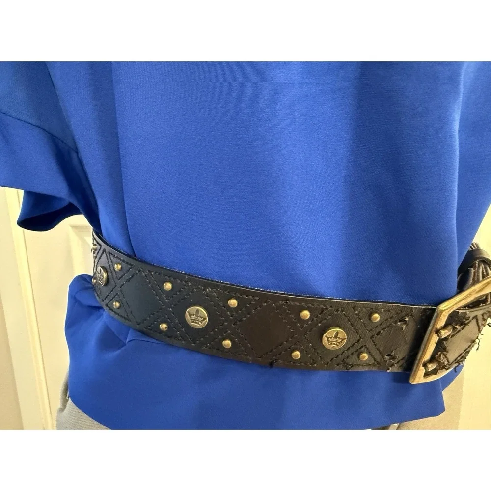 VTG Worn Studded Black Leather Belt Gold Color Buckle Sz 38